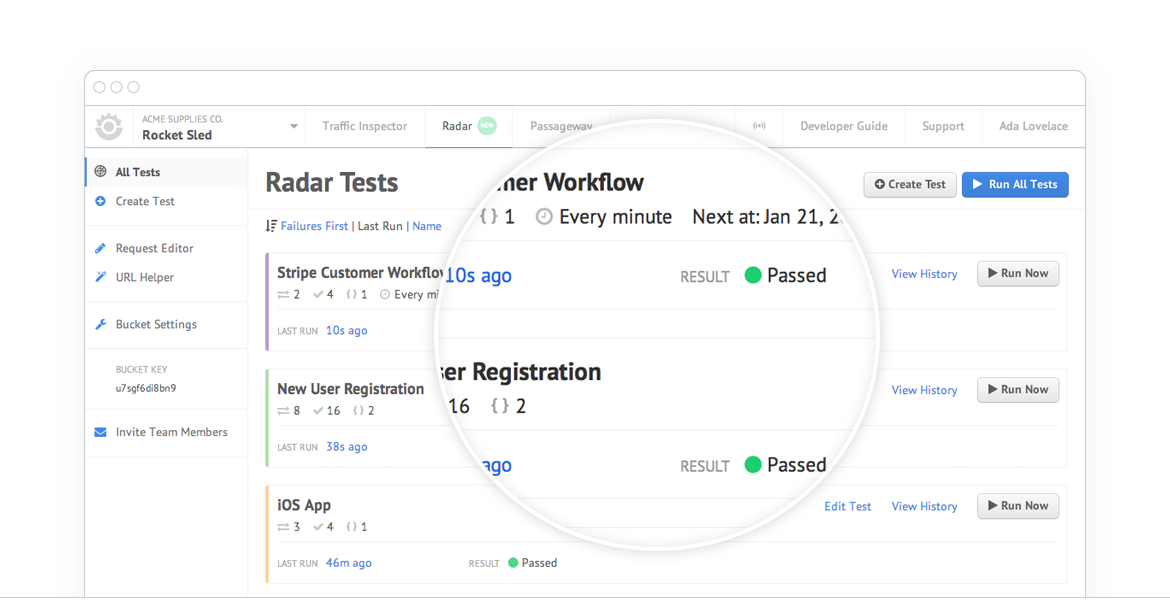 Enterprise-ready API debugging and testing. · Runscope